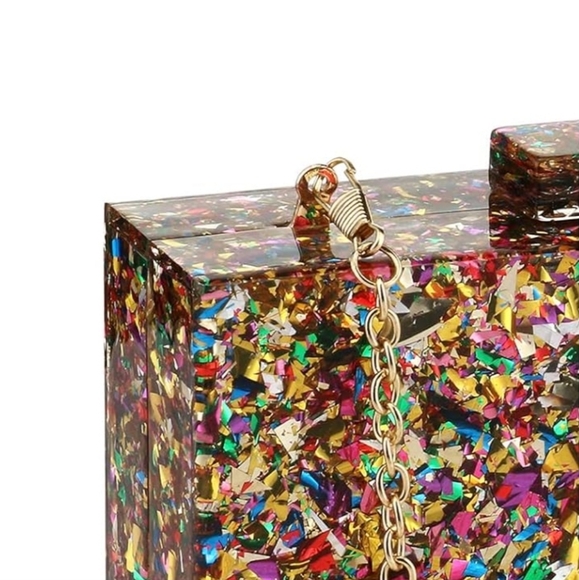 Abstract Glitter Hard Acrylic Clutch Bag Confetti Box Purse Gold Multi Crossbody